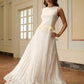 Jacquard Round Neck Sleeveless Applique Decor Pleated Hem Maxi Dress