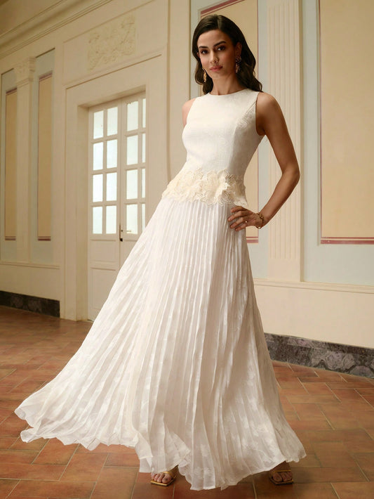 Jacquard Round Neck Sleeveless Applique Decor Pleated Hem Maxi Dress
