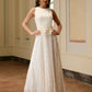 Jacquard Round Neck Sleeveless Applique Decor Pleated Hem Maxi Dress