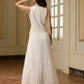 Jacquard Round Neck Sleeveless Applique Decor Pleated Hem Maxi Dress