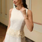 Jacquard Round Neck Sleeveless Applique Decor Pleated Hem Maxi Dress