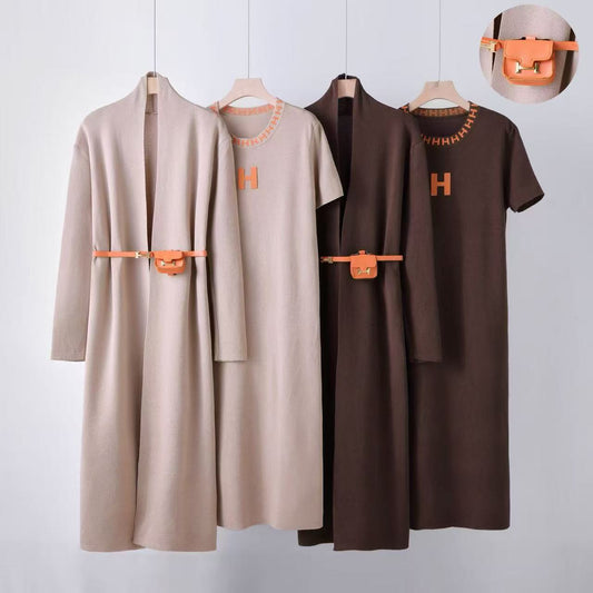 Viscose Knit Two-Piece Dress Set wit Belt