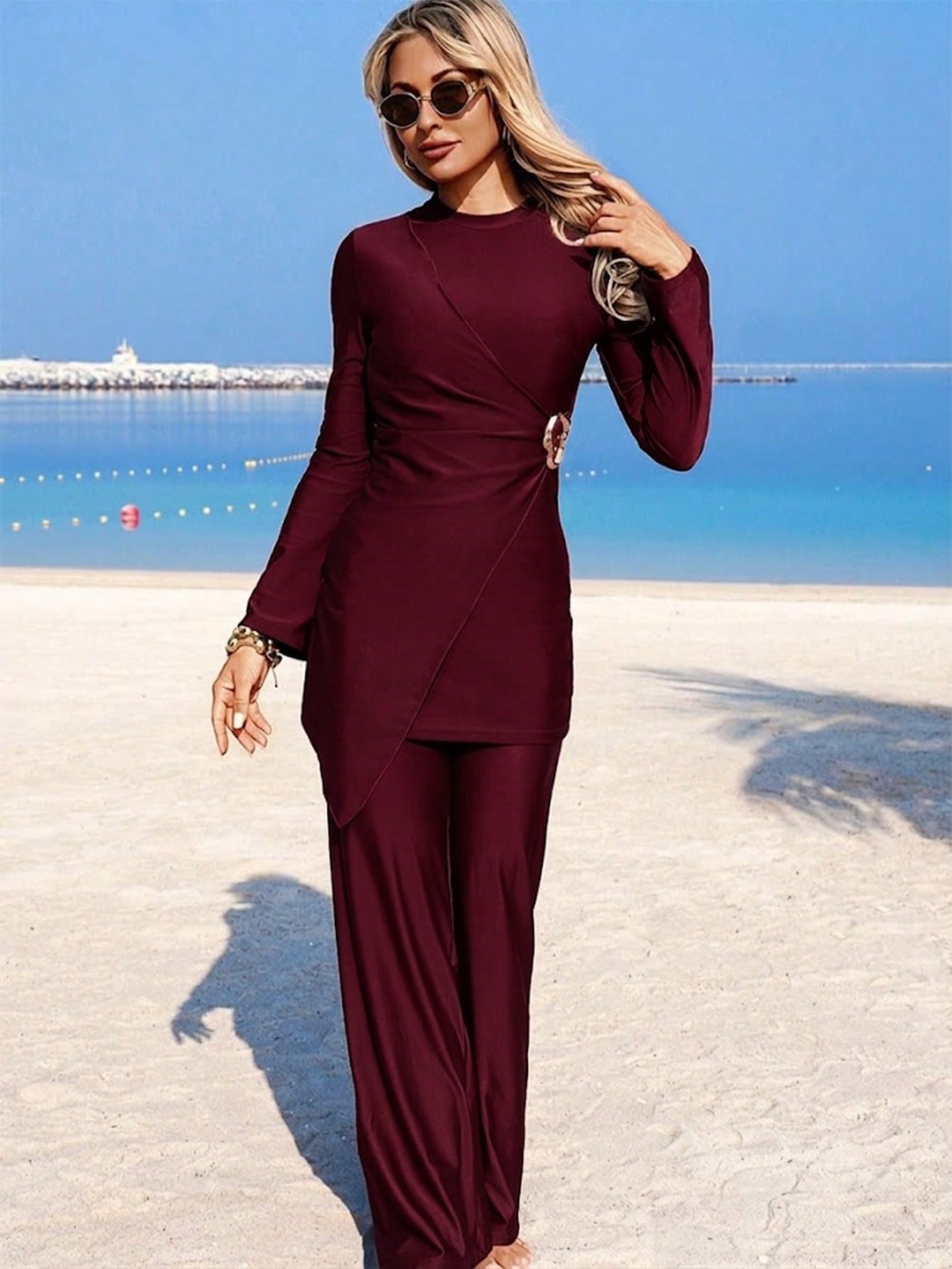 Burkini with Metal Buckle Decor n  Wide Leg pants Swimwear 2pc Set
