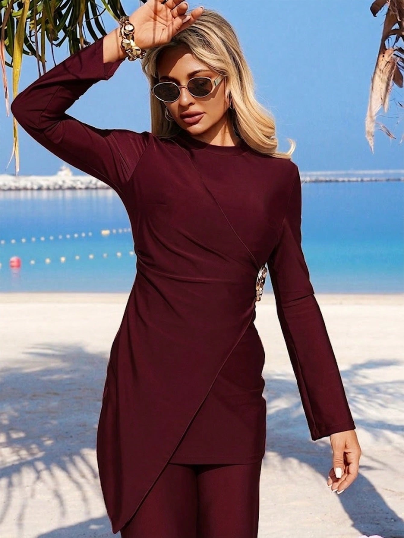 Burkini with Metal Buckle Decor n  Wide Leg pants Swimwear 2pc Set