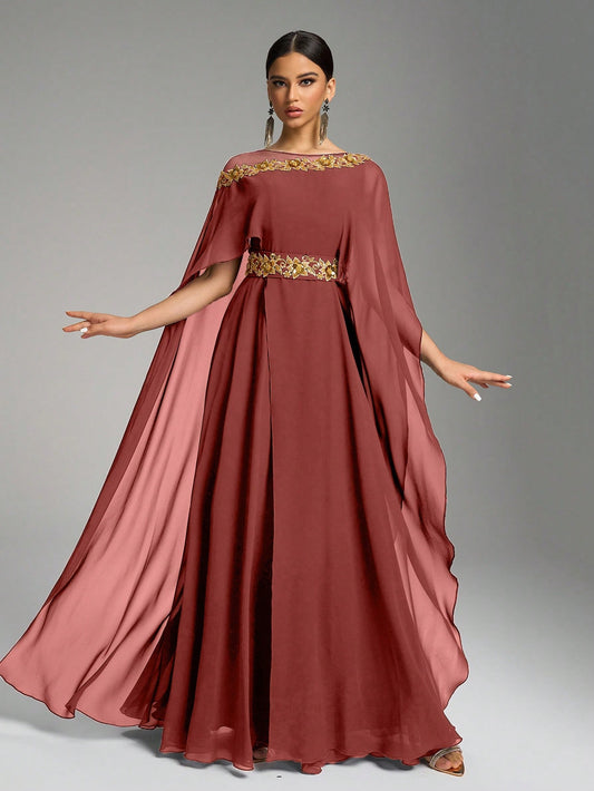 Round Neck Puff Sleeve Sequin Embroidery Cinched Waist Formal Evening  Dress