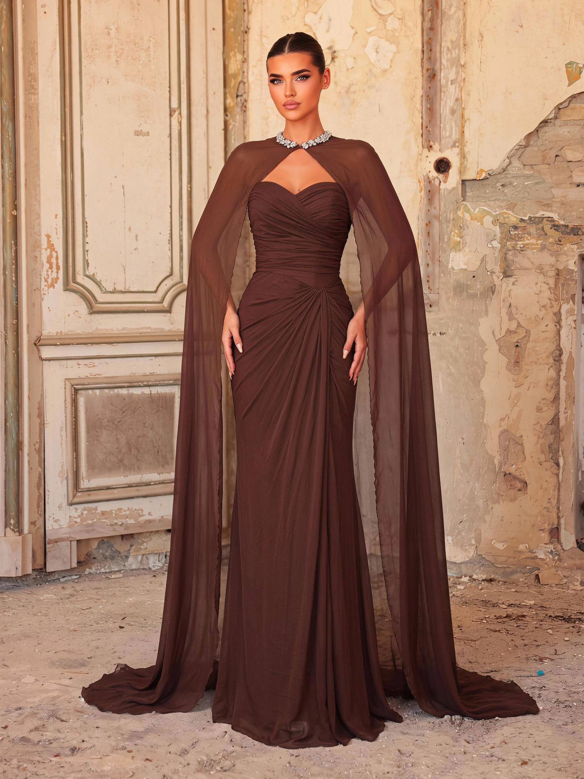 Coffee-Colored Ruched Flounce Fitted Mermaid Hem Evening Dress