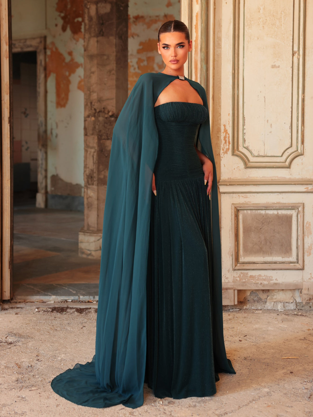 Ruched Bandeau Waist With Internal Boning Body Hugging Evening Dress