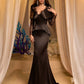 Lace Eyelash Satin Splice Asymmetric Collar Long Sleeve Sheer Mermaid Evening Dress