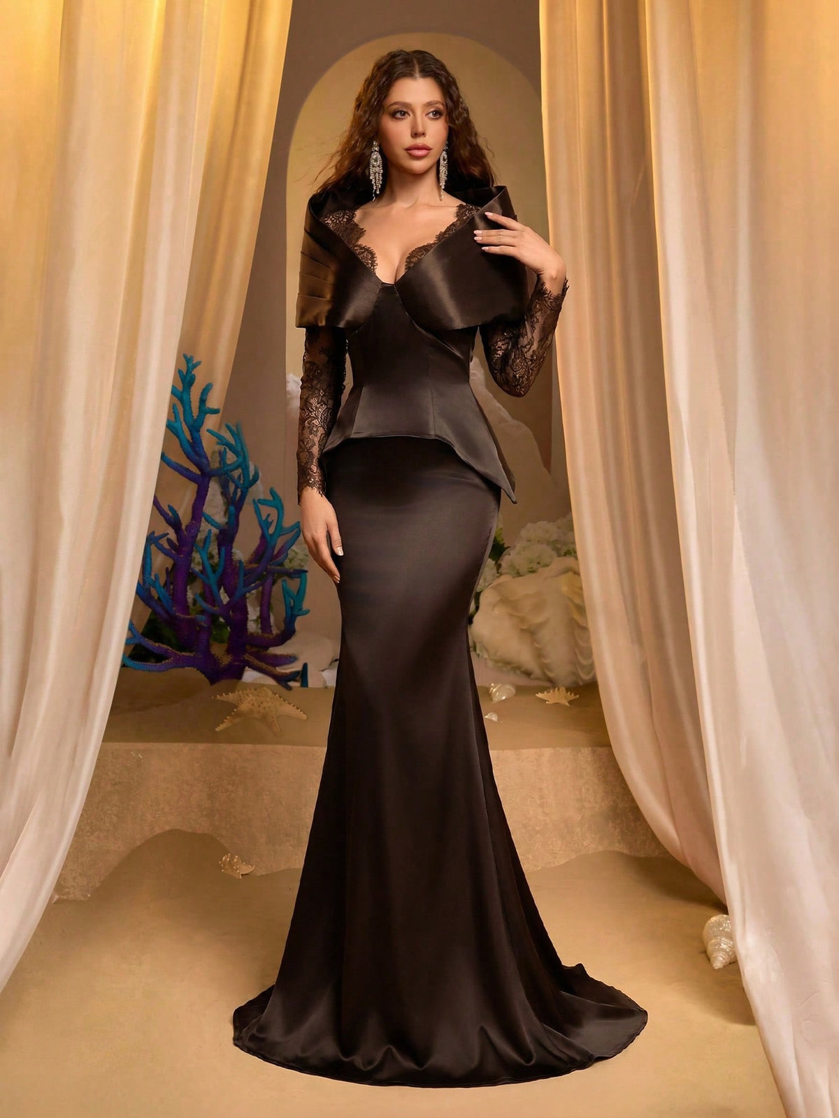 Lace Eyelash Satin Splice Asymmetric Collar Long Sleeve Sheer Mermaid Evening Dress