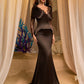 Lace Eyelash Satin Splice Asymmetric Collar Long Sleeve Sheer Mermaid Evening Dress