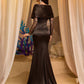 Lace Eyelash Satin Splice Asymmetric Collar Long Sleeve Sheer Mermaid Evening Dress