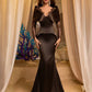 Lace Eyelash Satin Splice Asymmetric Collar Long Sleeve Sheer Mermaid Evening Dress