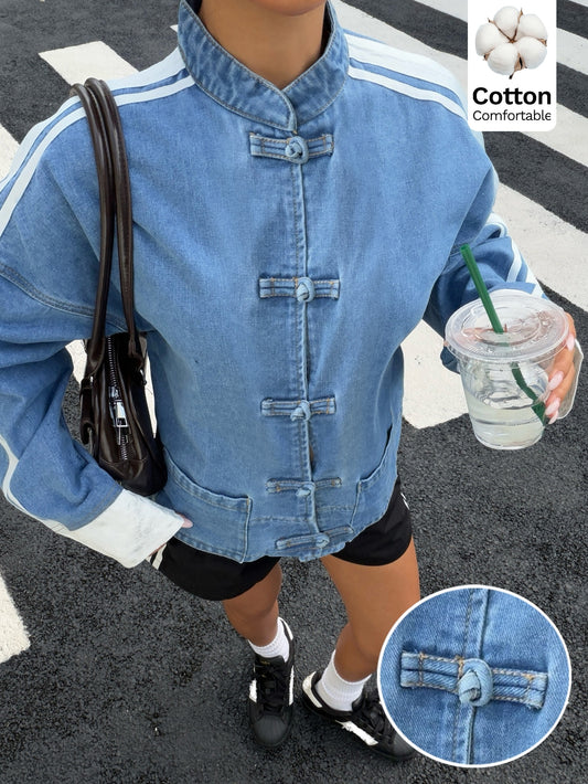 Striped Drop Shoulder Long Sleeve Zip-Up Jacket