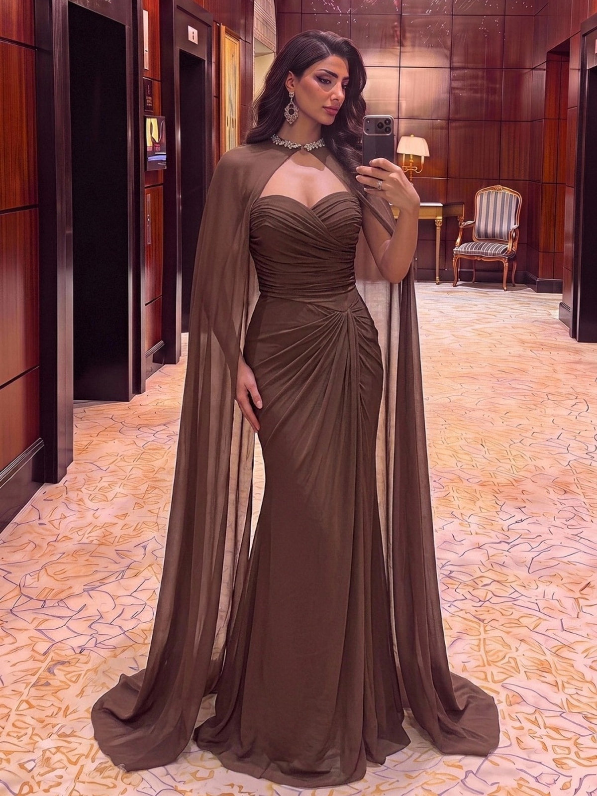 Coffee-Colored Ruched Flounce Fitted Mermaid Hem Evening Dress