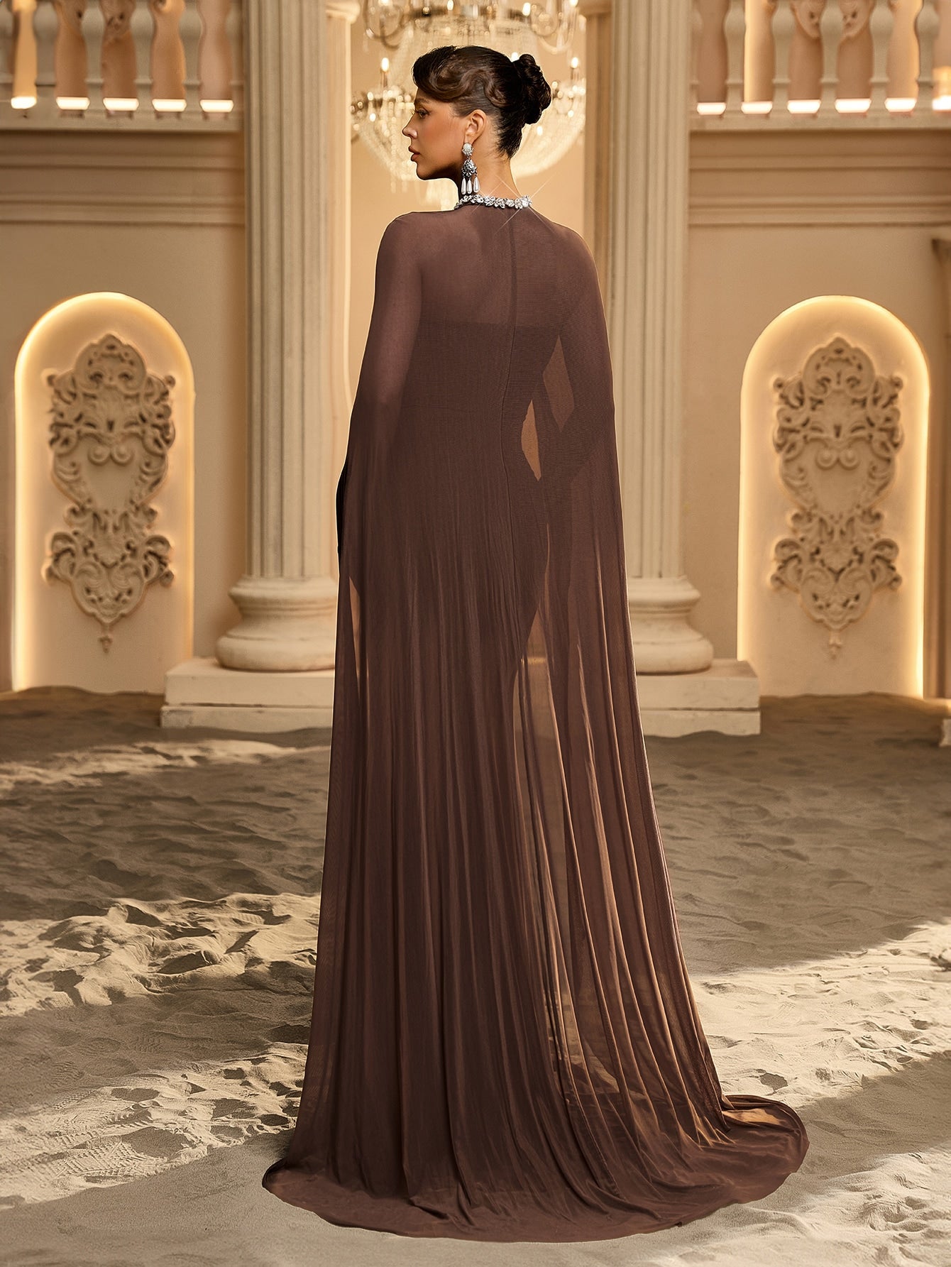 Coffee-Colored Ruched Flounce Fitted Mermaid Hem Evening Dress