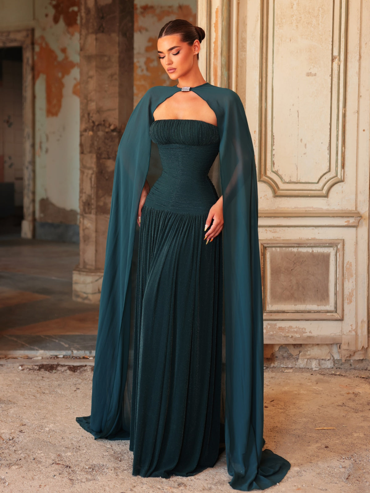 Ruched Bandeau Waist With Internal Boning Body Hugging Evening Dress