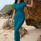 3pc Short Sleeve Top, Pants, Laser Cut Maxi Skirt Swimwear Set