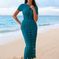 3pc Short Sleeve Top, Pants, Laser Cut Maxi Skirt Swimwear Set