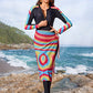 Splice Sleeve Print 3 PC Long Pants Mesh Skirt Swimwear Set