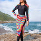 Splice Sleeve Print 3 PC Long Pants Mesh Skirt Swimwear Set