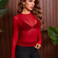 Sheer Mesh Long Sleeve Fitted Red Top