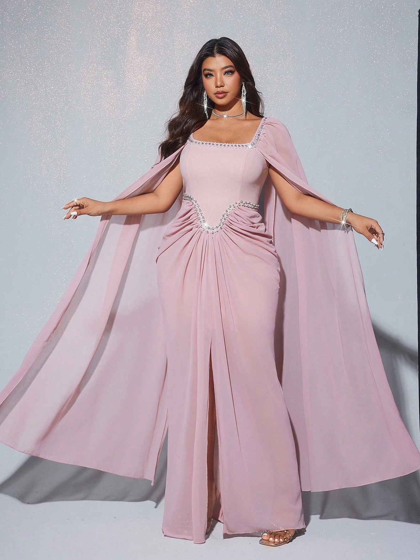 Plus Size Chiffon Lantern Sleeve Round Neck Diamond Decor Flowing Maxi Evening Dress