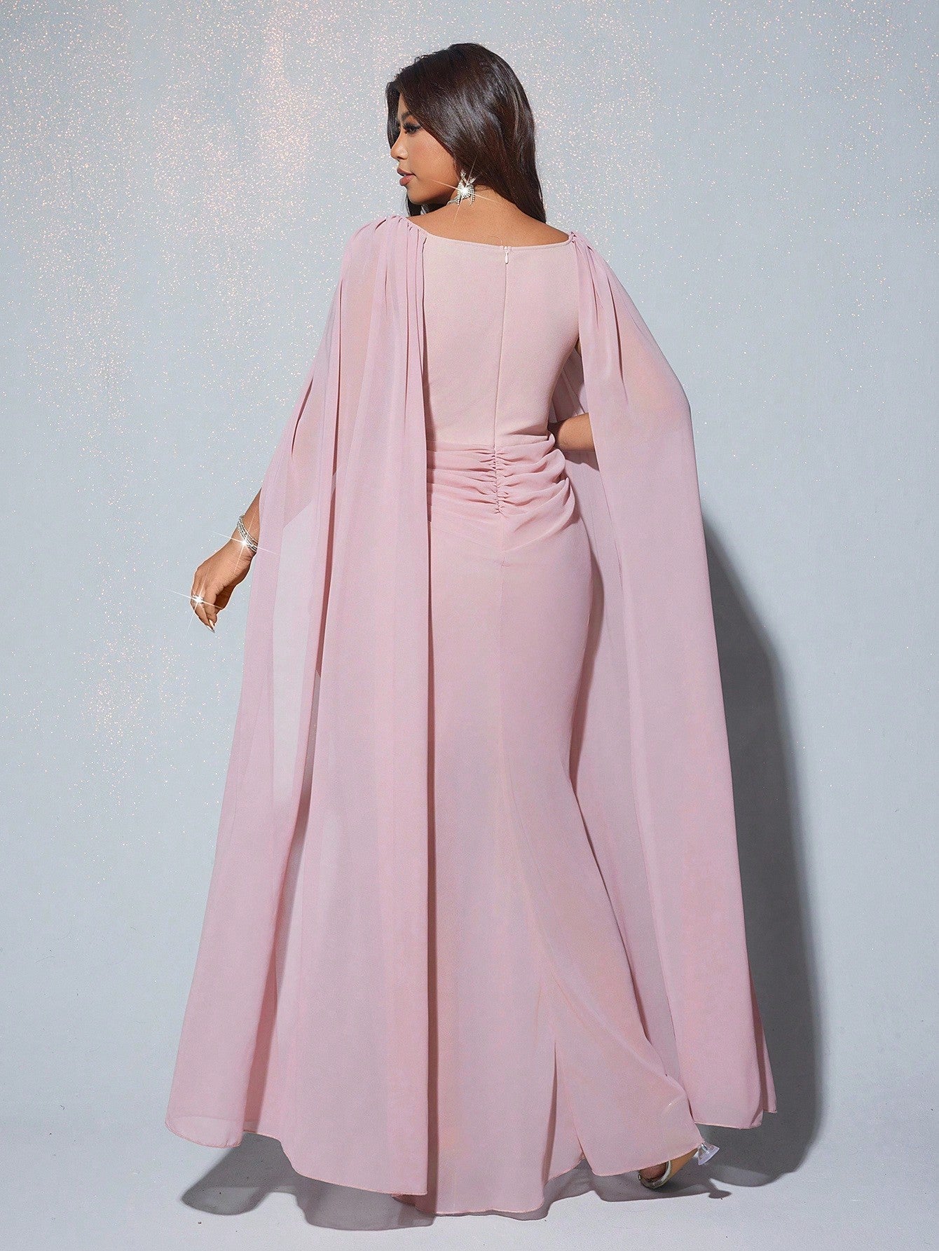 Plus Size Chiffon Lantern Sleeve Round Neck Diamond Decor Flowing Maxi Evening Dress