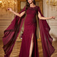 Round Neck Cape Sleeve Ruched Waist Slim Fit Dress With Handcraft Beading Evening Dress