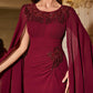 Round Neck Cape Sleeve Ruched Waist Slim Fit Dress With Handcraft Beading Evening Dress