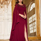 Round Neck Cape Sleeve Ruched Waist Slim Fit Dress With Handcraft Beading Evening Dress