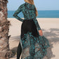 Printed Long Sleeve Top With Drawstring Waist Maxi Skirt And Skinny Pants Modest Swimsuit Set
