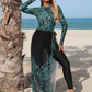 Printed Long Sleeve Top With Drawstring Waist Maxi Skirt And Skinny Pants Modest Swimsuit Set