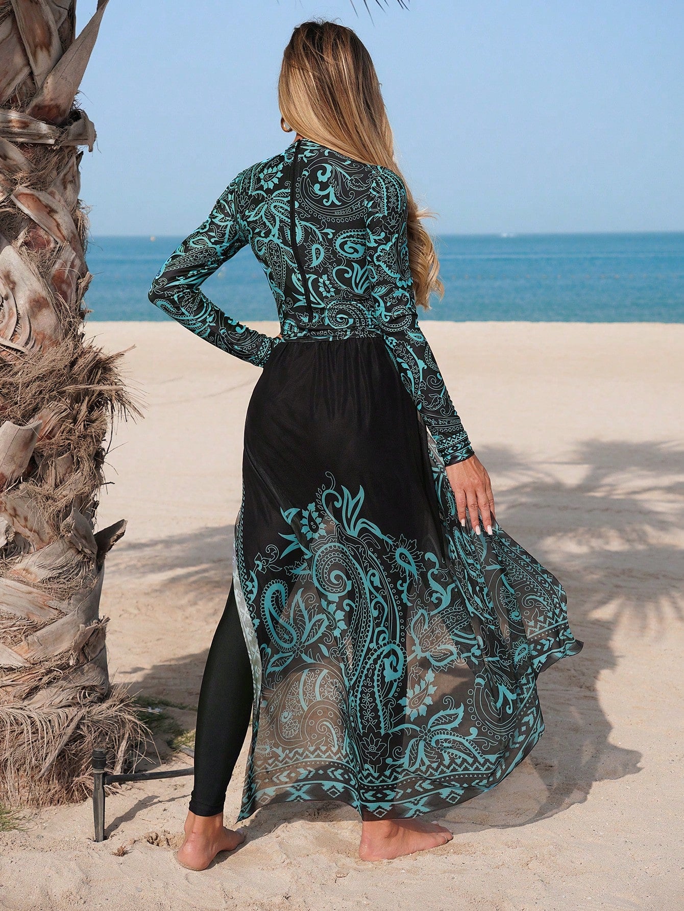 Printed Long Sleeve Top With Drawstring Waist Maxi Skirt And Skinny Pants Modest Swimsuit Set