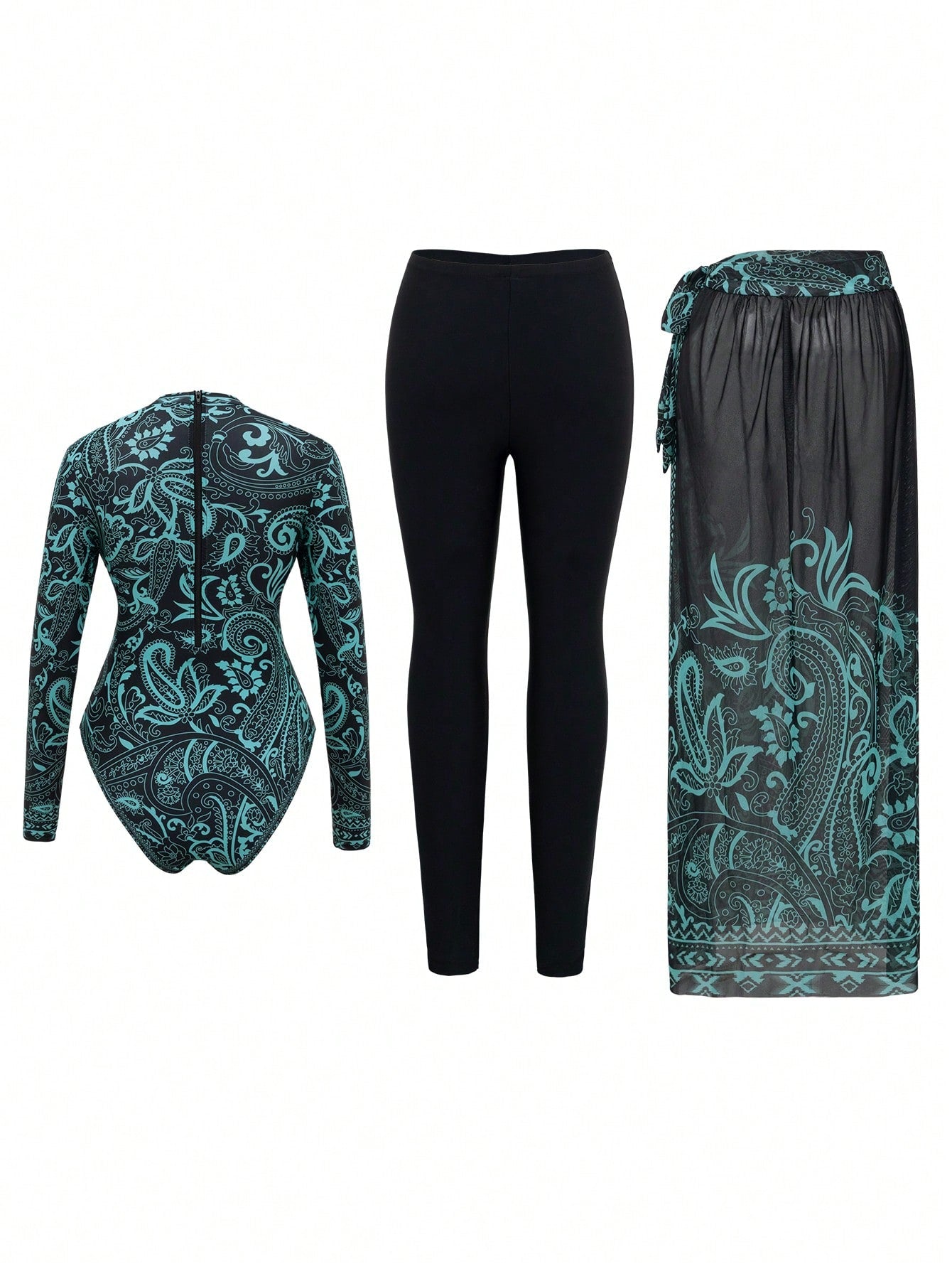 Printed Long Sleeve Top With Drawstring Waist Maxi Skirt And Skinny Pants Modest Swimsuit Set
