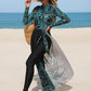 Printed Long Sleeve Top With Drawstring Waist Maxi Skirt And Skinny Pants Modest Swimsuit Set