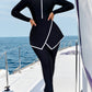 Black With White Trim V-Cut Flared Skirt & Front Zipper Pants Swimwear Set