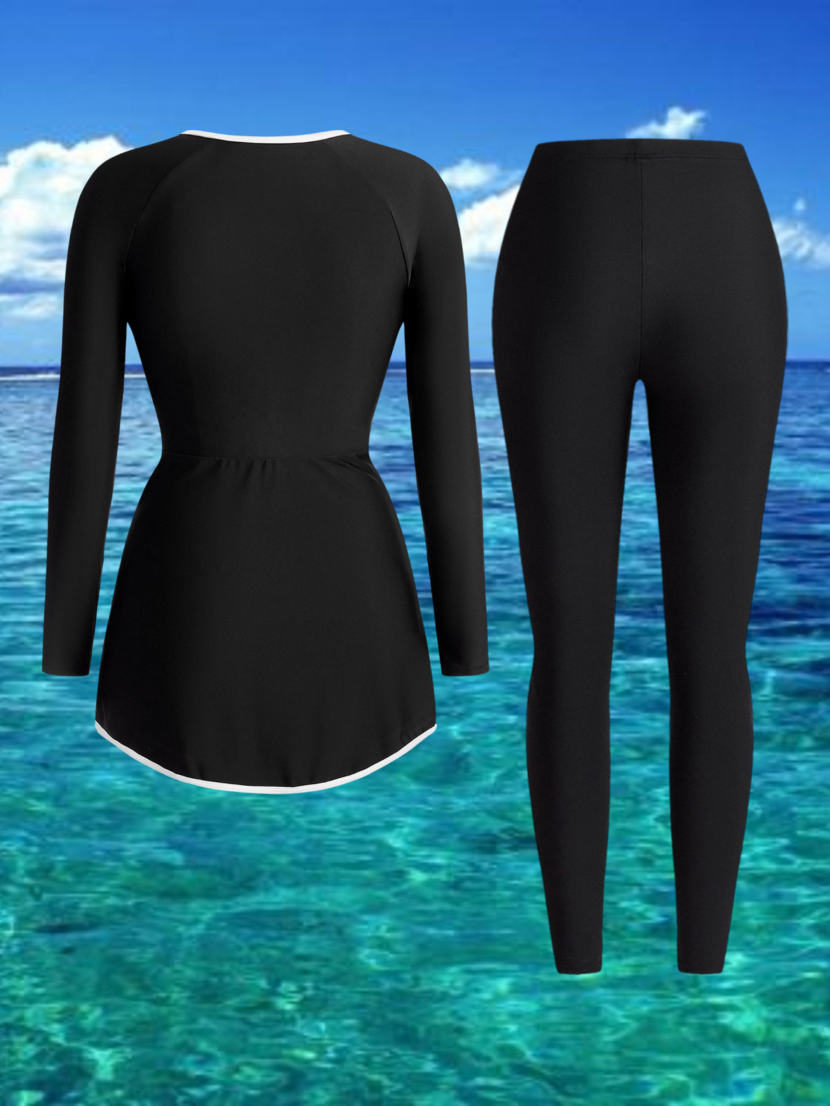 Black With White Trim V-Cut Flared Skirt & Front Zipper Pants Swimwear Set
