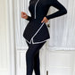 Black With White Trim V-Cut Flared Skirt & Front Zipper Pants Swimwear Set