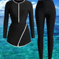 Black With White Trim V-Cut Flared Skirt & Front Zipper Pants Swimwear Set