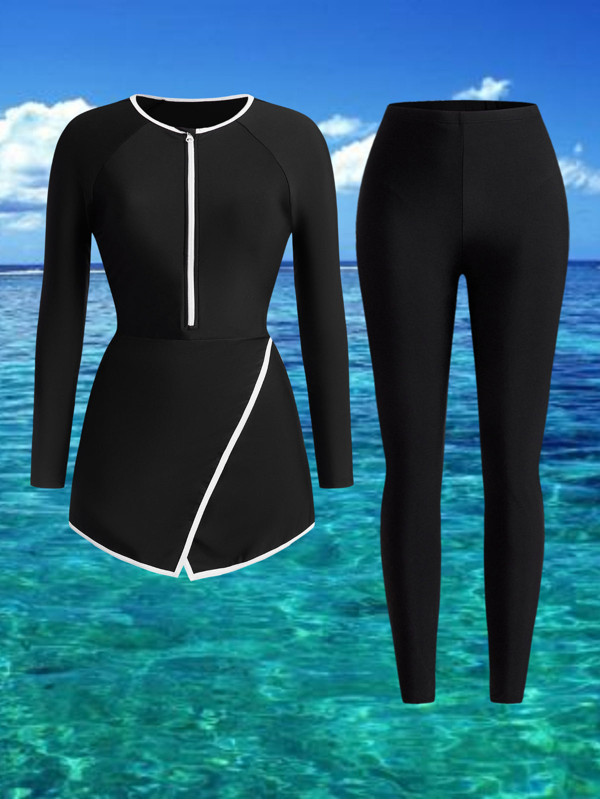 Black With White Trim V-Cut Flared Skirt & Front Zipper Pants Swimwear Set