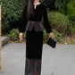 Velvet Hollow-Out Beaded Top and Lace-Patch Skirt 2pcs Set