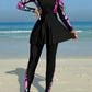 Printed High Neck Zipper Top With Ruffle Hem Long Sleeve And Pants  Swimwear Set