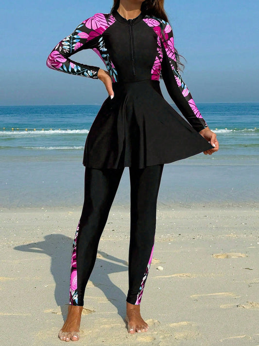 Printed High Neck Zipper Top With Ruffle Hem Long Sleeve And Pants  Swimwear Set