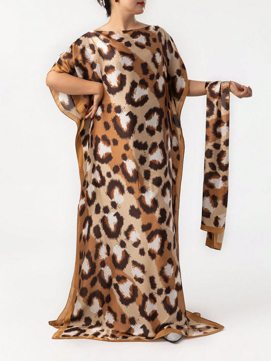 Leopard Print Silk-Like Casual Robe Vacation Kaftan with Scarve