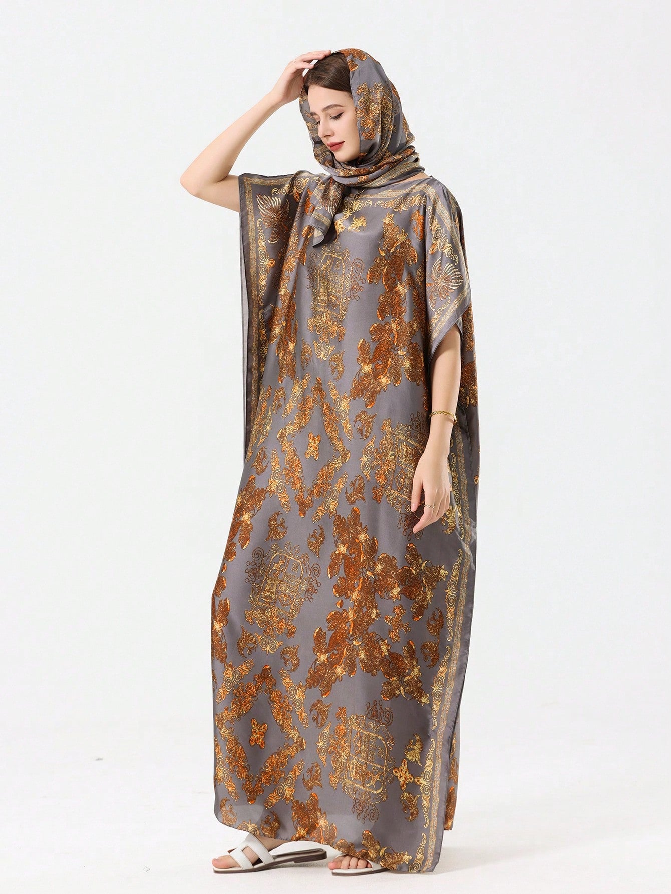 Colorful Silk-Like Casual Robe Vacation Kaftan with Scarve