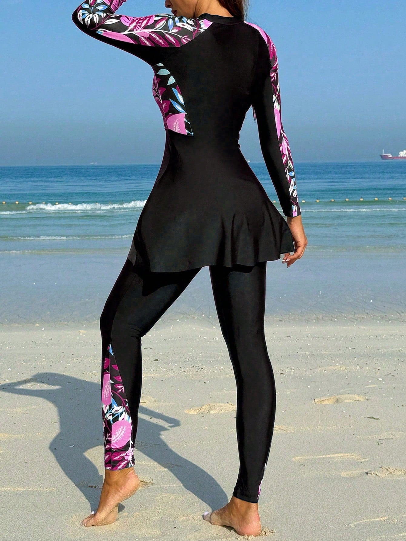 Printed High Neck Zipper Top With Ruffle Hem Long Sleeve And Pants  Swimwear Set