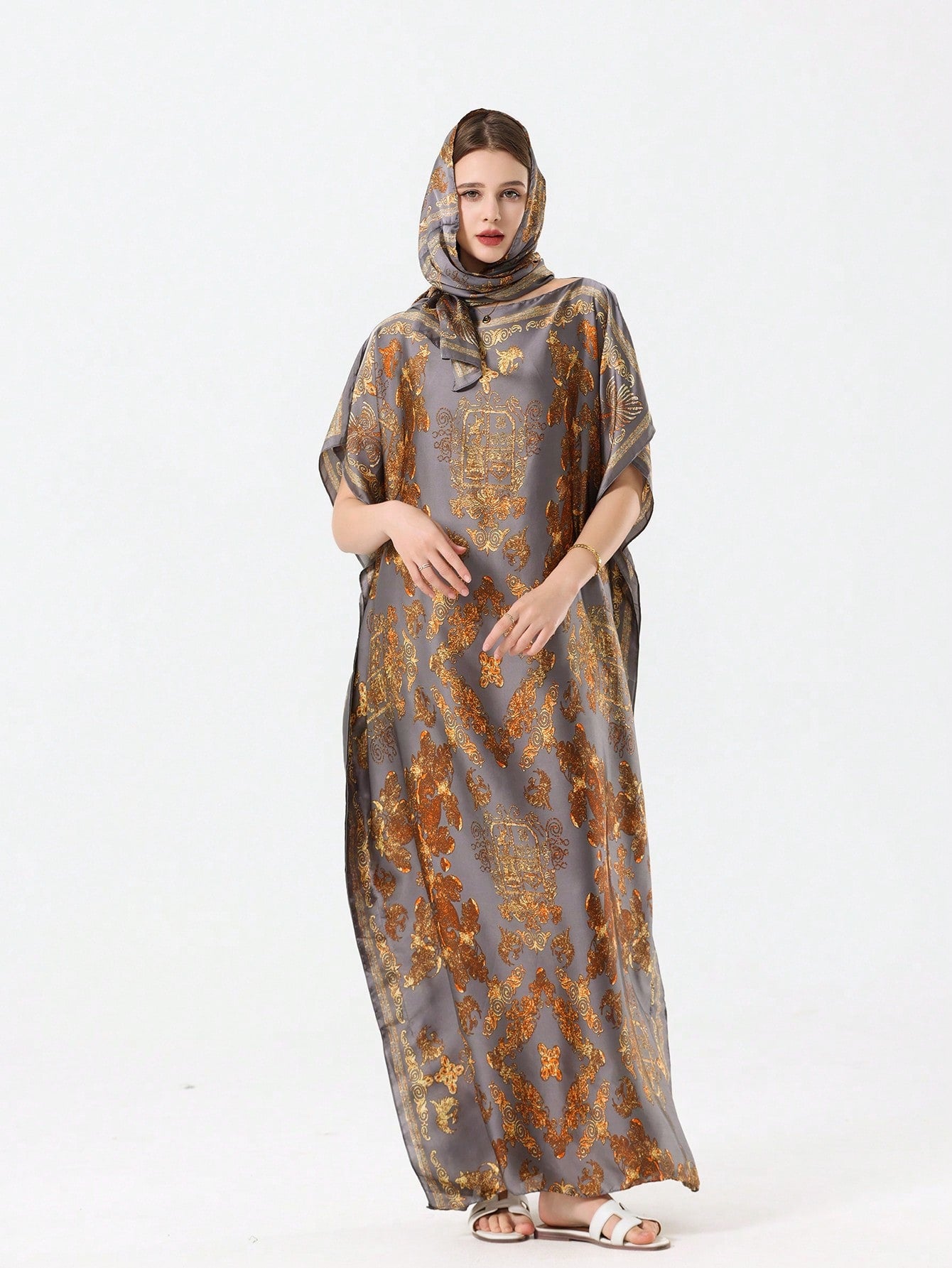 Colorful Silk-Like Casual Robe Vacation Kaftan with Scarve