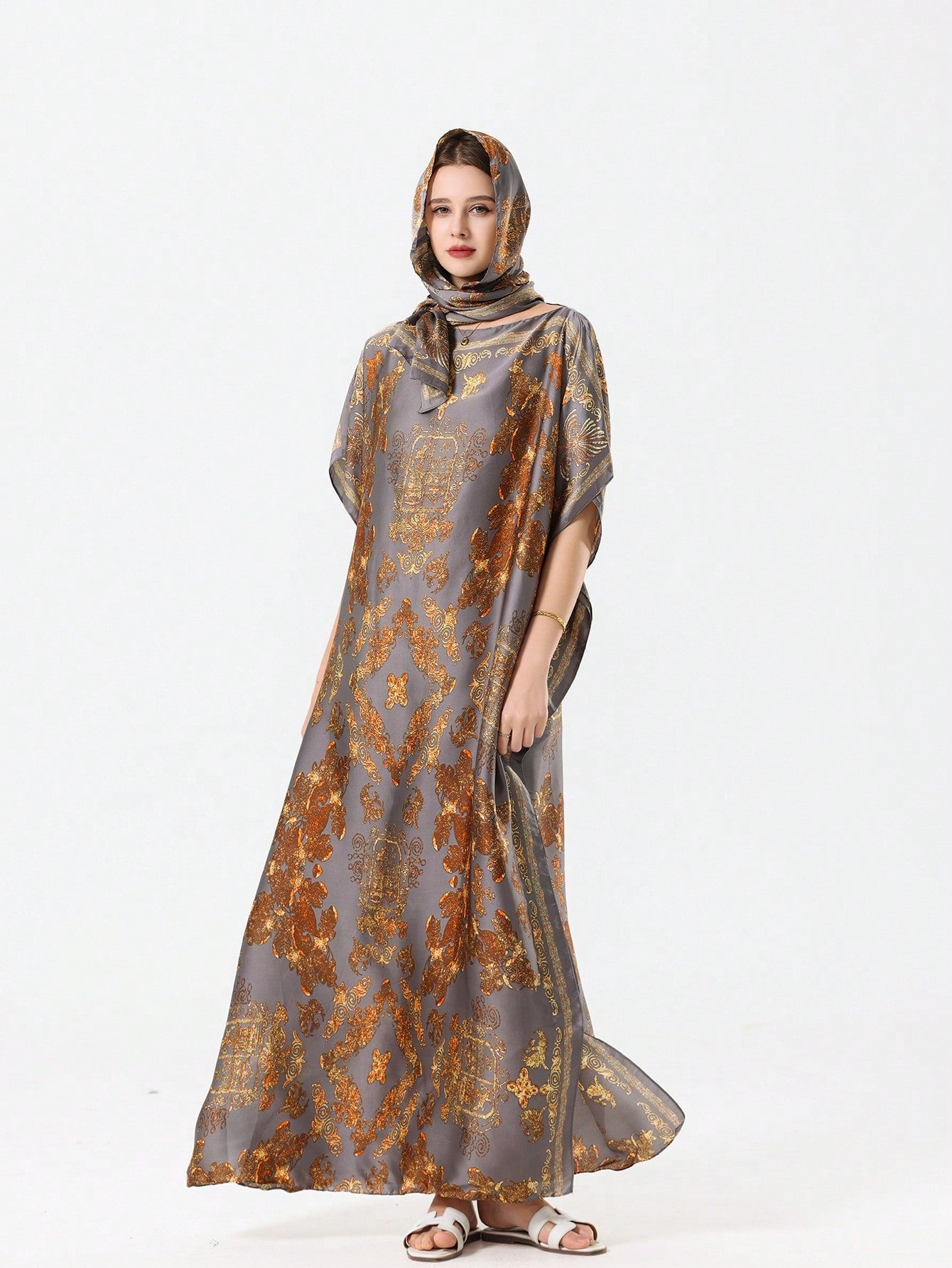 Colorful Silk-Like Casual Robe Vacation Kaftan with Scarve