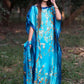 Blue Silk-Like Casual Robe Vacation Kaftan with Scarve