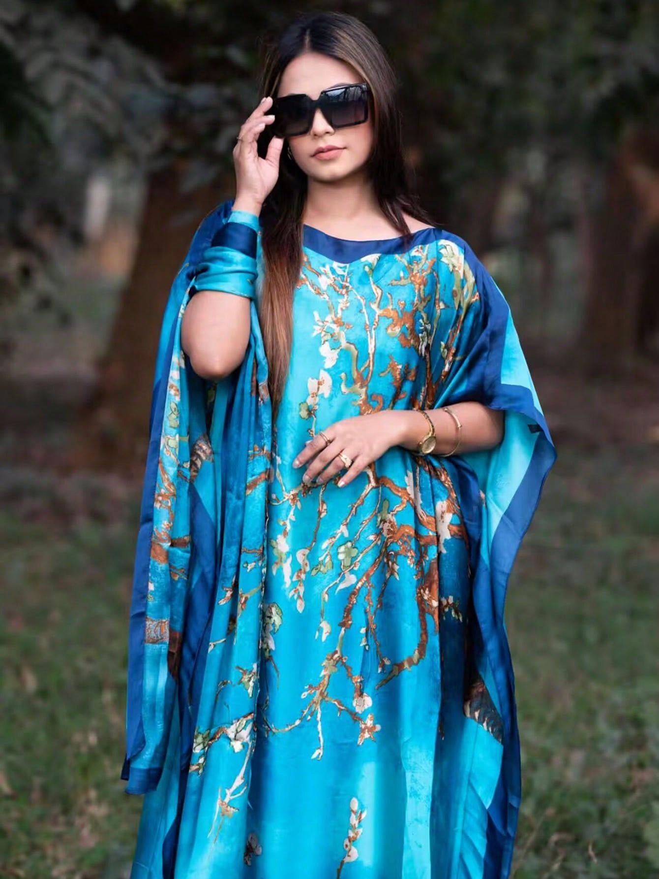 Blue Silk-Like Casual Robe Vacation Kaftan with Scarve